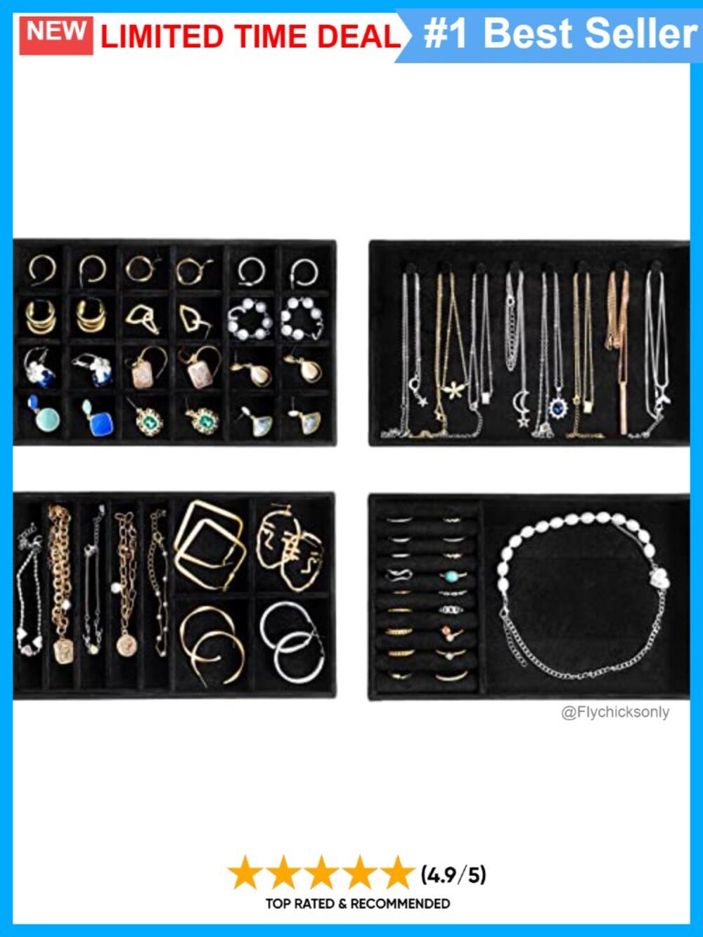 Stackable Jewelry Organizer Trays Removable Dividers Drawer Inserts 4 Pack